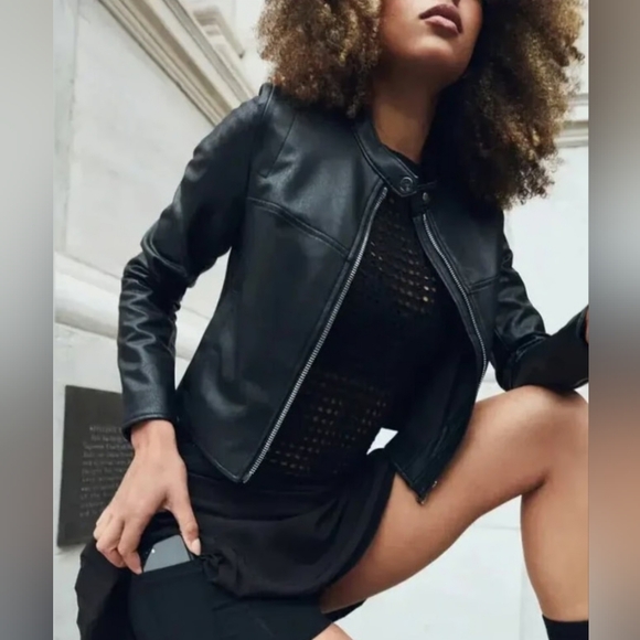 SPANX Jackets & Blazers - Spanx Womens Leather-Like Moto Jacket Vegan Faux Zip Front Luxe Black Size S